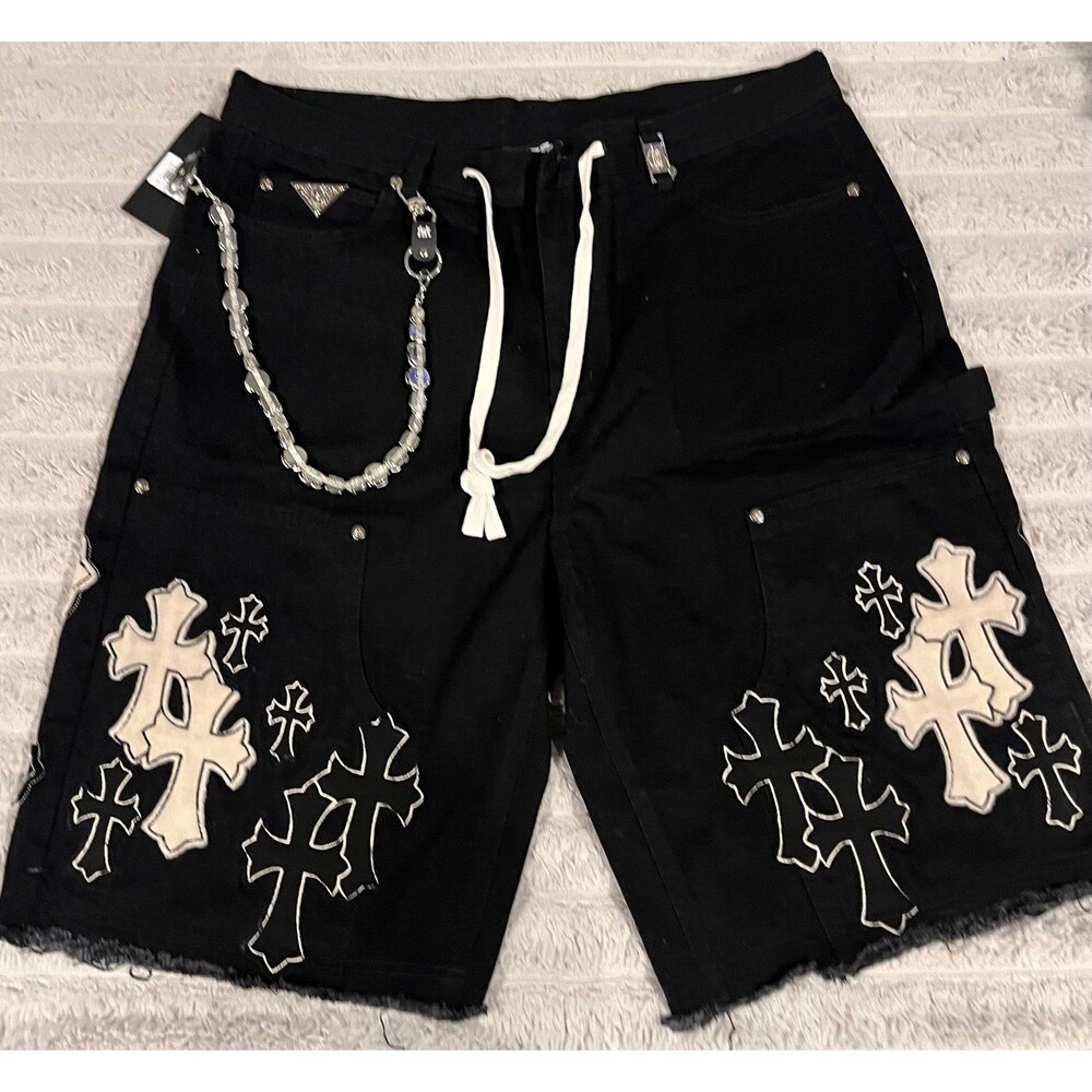 Watson Black Cross Patch Denim Shorts Size 38 NWT w/ Chain Streetwear